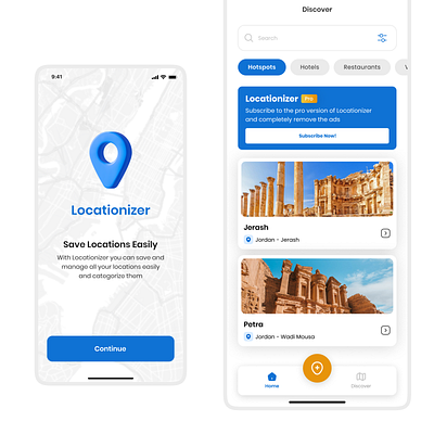 Locationizer Mobile App app blue cards design gold location logo map mobile tabs ui ux