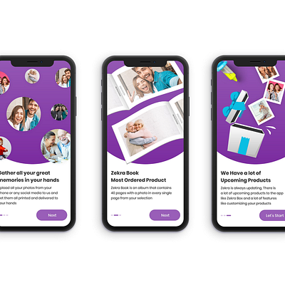 Zekra Mobile App album app design illustration mobile onboarding photo print purple steps ui ux