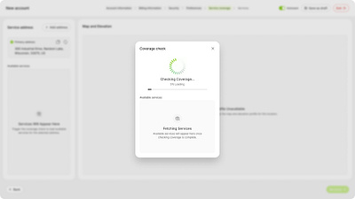 Coverage Check UI – Progress and Feedback - New Account Flow accountsetup digitalproduct feedbackui interactiveui loadingstate minimaldesign modaldesign productdesign progressbar servicecoverage uidesign userexperience uxdesign webapp