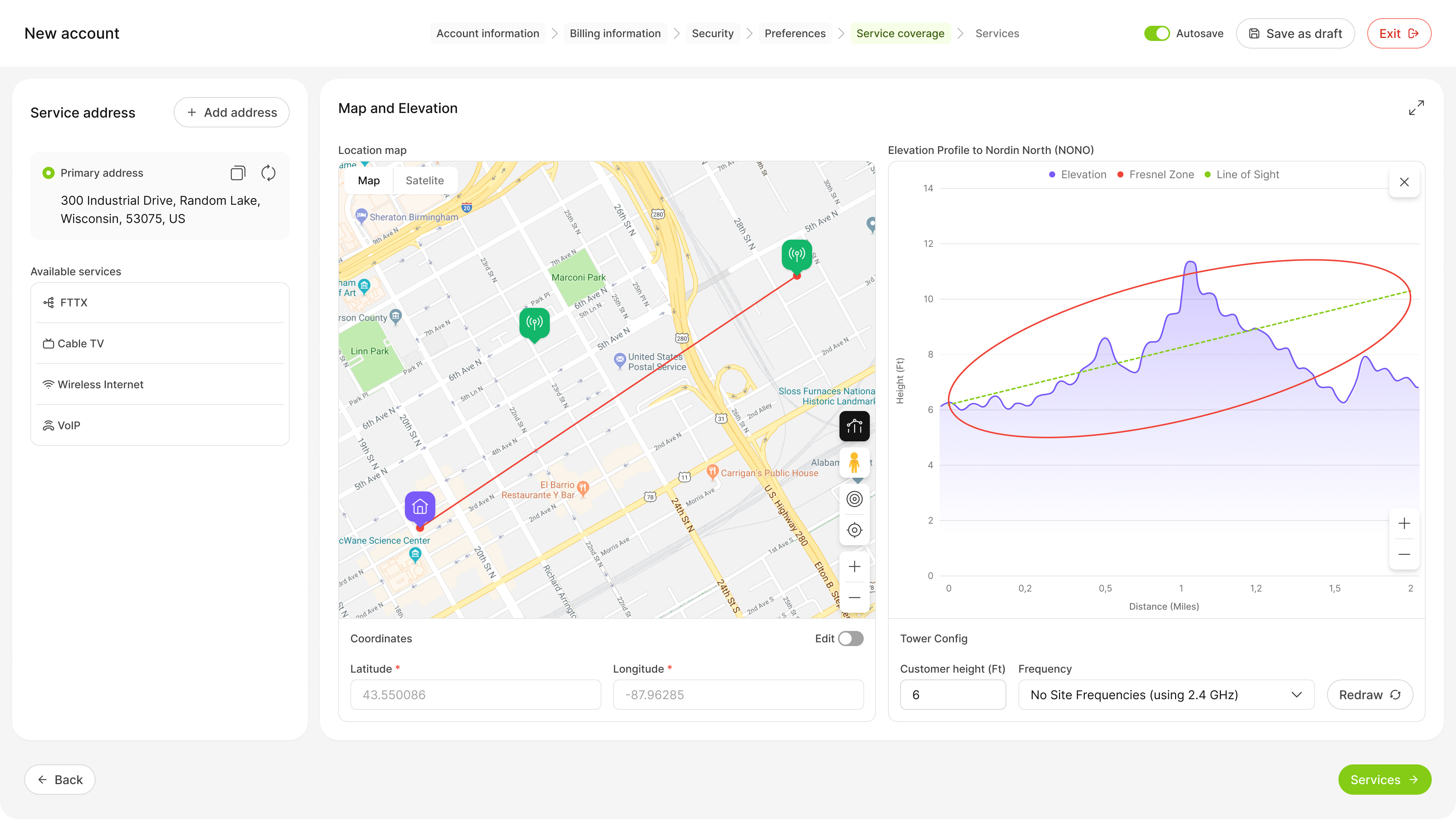 Service Coverage Map UI – Address and Elevation Check accountsetup cleandesign digitalproduct elevationprofile interactivemap ispsoftware minimalui productdesign saas servicecheck servicecoverage software uidesign userinterface ux uxdesign webapp