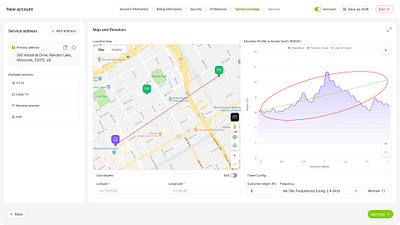 Service Coverage Map UI – Address and Elevation Check accountsetup cleandesign digitalproduct elevationprofile interactivemap ispsoftware minimalui productdesign saas servicecheck servicecoverage software uidesign userinterface ux uxdesign webapp