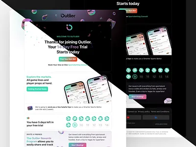 Outlier: Welcome and Trending picks newsletter app betting dark design desktop interface light mobile neon newsletter outlier product design sports trending ui user interface ux web web design website