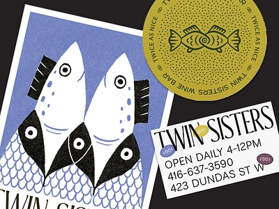 Twin Sisters Wine Bar Brand Ephemera brand design brand identity branding clever branding coaster design fish illustration fish logo illustration logo matchbox postcard poster restaurant brand retro typography vintage vintage branding weird branding wine bar brand