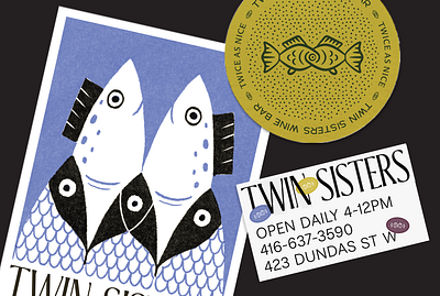 Twin Sisters Wine Bar Brand Ephemera brand design brand identity branding clever branding coaster design fish illustration fish logo illustration logo matchbox postcard poster restaurant brand retro typography vintage vintage branding weird branding wine bar brand