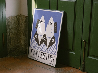 Twin Sisters Wine Bar Poster brand design brand identity branding clever brand design fish fish illustration fish logo graphic design hand drawn illustration logo poster design procreate restaurant branding retro illustration typography vintage wine bar wine bar branding