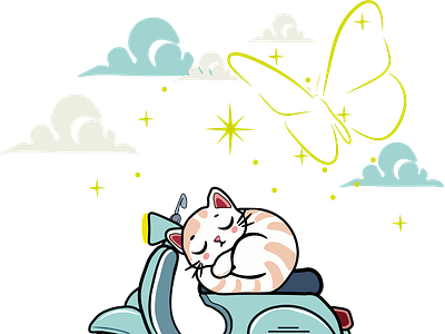 Cat butterflyart calmandcozy cat catillustration cuteanimals digitalart dreamyart fantasyart ill illustration minimaldesign nightsky nighttimevibes playfulillustration scooterart sleepingcat starsandclouds vector whimsicalart