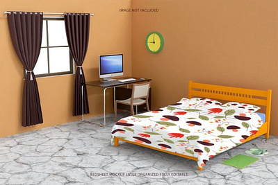 Left View Bedsheet Mockup Design. bed sheets clean comfortable fabric hotel nobody pillows sleep soft wall