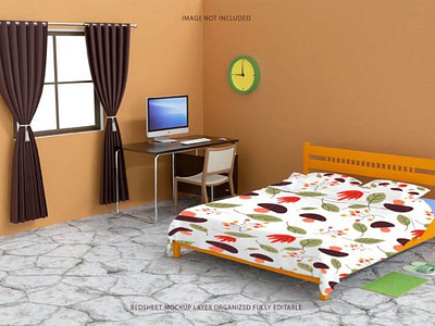 Left View Bedsheet Mockup Design. bed sheets clean comfortable fabric hotel nobody pillows sleep soft wall