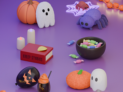 3D Halloween Props 3d 3dart 3dmodel 3dmodeler 3dmodels 3dprops blender book candy cute3d cuteart ghost halloween props pumpkin spider spooky