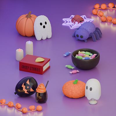 3D Halloween Props 3d 3dart 3dmodel 3dmodeler 3dmodels 3dprops blender book candy cute3d cuteart ghost halloween props pumpkin spider spooky