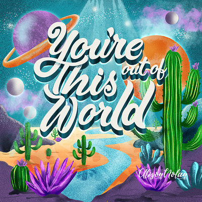 Out Of This World book cover design cacti design digital drawing challenge female illustrator greeting card halloween hand drawn hand lettering illustration out of this world procreate scary and sweet sci fi textured