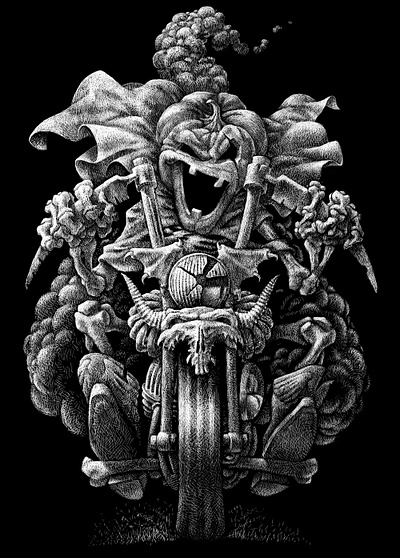 Rushing for Halloween black and white halloween illustration motorbike motorcycle pumpkin scratchboard