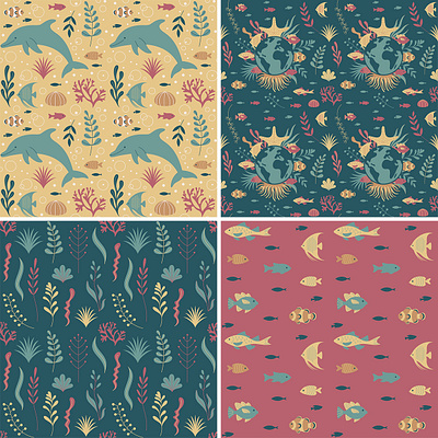 Collection of Seamless Marine Patterns. animals earth eco fish flat art graphic design green illustration life marine ocean pattern planet product sea seamless pattern seaweed textile vector wallpaper