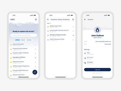 Arctic explorer app UI concept account antarctica app arctic docs documents expedition file hosting service files folder guides home list mobile product design profile settings synchronization tour