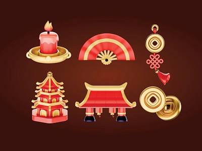 Chinese Culture 3d Icons Pack 3d icon candle chinese chinese gate culture february gold coin icon illustration lunar new year new year pagoda ui ux