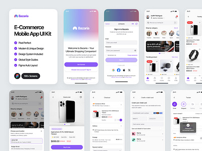 Bazaria - E-Commerce Mobile App UI Kit app bid bidding buy checkout e commerce ecommerce goods log in market marketplace mobile platform product sell sign in store ui kit wishlist