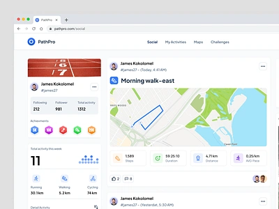 PathPro - Tracking Physical Exercise Dashboard (Social Page) activity climbing dashboard design exercise gps health healthy minimalist running social page sport sport dashboard tracker tracking training ui ux walking website