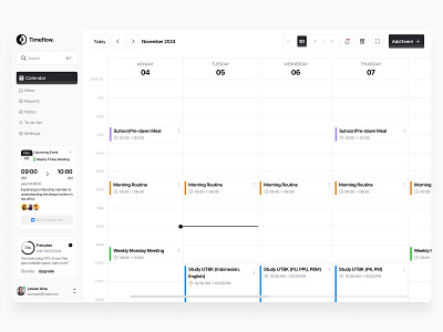 Timeflow | SaaS Dashboard for a Modern Calendar Web App agenda app badge calendar card clean dashboard event field form navigation pop up product design progress bar project manager radio button saas schedule slider table time management