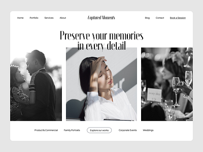 📸Captured Moments - Hero Section Design Exploration agency carousel design desktop gallery landing page minimalism photograph photography slider ui ux