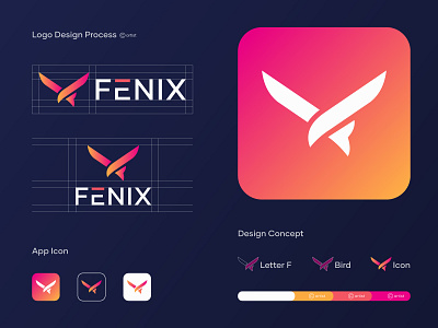 Fenix logo/F+bird logo design app icon branding data fenix fenix bird logo gradient identity logo logos mark minimalist logo modern logo saas simple logo software symbol tech startup ui visual identity web3