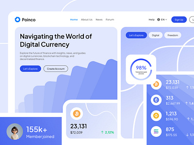 Poinco - Crypto News & Investment Hero Website Design animation bitcoin blue clean creative crypto design finance futuristic header hero website investment minimalist modern playful ui ui design uiux website design