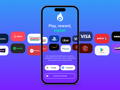 App Welcome Screen with Brand Logos app brands carousel coupon facebook game gift card google login logos marquee onboarding play register reward sales social login voucher web3 welcome