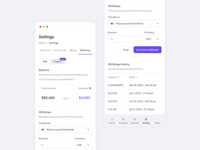 Withdraw Page balance dashboard form mobile app nav bar responsive saas setting tab table ui withdraw