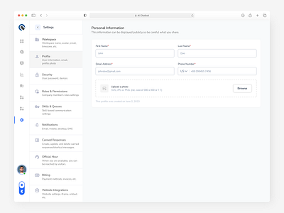 AI Chatbot - Profile Setting Interface ai chat ai chatbot chat chatbot clean company admin customer service issues minimal product design profile profile settings saas ui uiux web web application