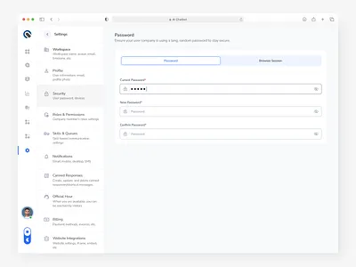 AI Chatbot - Security Settings Interface ai chat ai chatbot chat chatbot clean company admin customer service issues minimal product design saas security security settings ui uiux web web application