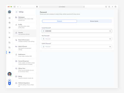 AI Chatbot - Security Settings Interface ai chat ai chatbot chat chatbot clean company admin customer service issues minimal product design saas security security settings ui uiux web web application