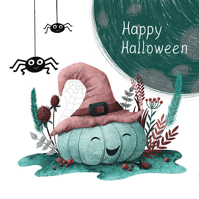 Happy Halloween. Greeting card. funny pumpkin halloween halloween card halloween illustration illustration moon procreate illustration pumpkin pumpkin illustration spider