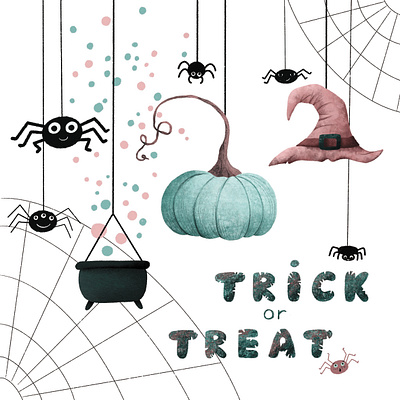 Halloween illustration - Trick or Treat digital illustration halloween halloween design halloween illustration happy halloween illustration procreate illustration pumpkin spiders trick or treat witch hat