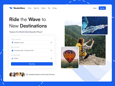 WanderWave Travel Website adventure app blue booking clean design homepage landing page minimalist reservation tourism travel travel agency travel agent travel web travel website ui ui design web design web travel