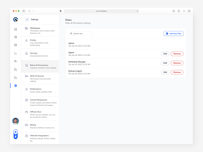 AI Chatbot - Roles & Permission Settings Interface ai chat ai chatbot chat chatbot clean company admin customer service issues minimal permissions product design roles saas ui uiux web web application