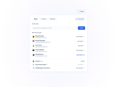 Share Popover 📜 acmeinc clean design invite menu popover popup privacy product design search share modal share settings sharing team ui ux design
