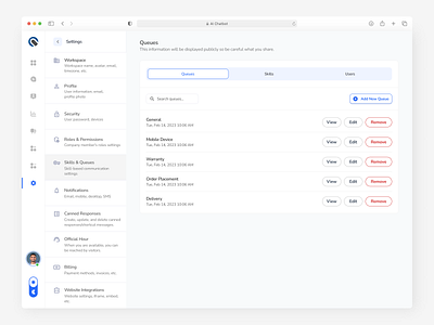 AI Chatbot - Skills & Queues Settings Interface ai chat ai chatbot chat chatbot clean company admin customer service issues minimal product design queues saas skills ui uiux web web application