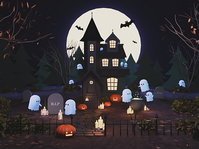 Spooky 3D Halloween Scene 3d art blender cute ghosts halloween hauntedhouse illustration low poly spooky