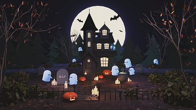 Spooky 3D Halloween Scene 3d art blender cute ghosts halloween hauntedhouse illustration low poly spooky