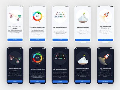 Scale Application Onboarding Screens aplication app dark mode design light mode mobile app onboarding onboarding screen tracker ui uiux ux weight tracker