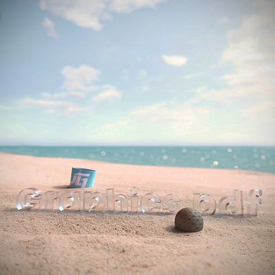 3D Modeled Glass Text on a Beach, Hyperrealistic 3d modeling 3d text adobe dimension artistic composition beach aesthetics blender coastal art creative design digital art glass effect glass typography graphic design hyperrealistic design light reflection nature inspired realistic rendering sand textures summer vibes typography visual effects