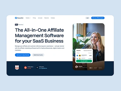 Rewardful - Redesign affiliate affiliate marketing affiliate program blue dark blue finance management marketeers payouts paypal saas software stripe ui web website