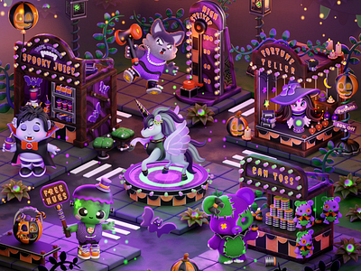 Spooky Carnival 3d 3d art autumn blender carnival cartoon character design fun fun fair halloween isometric monster pumpkin shapeshifter teddy bear unicorn vampire witch