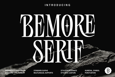 Bemore Serif Font album alternate branding cover creative design display elegant font glamor ligature logo luxury music serif sharp typeface unique vintage