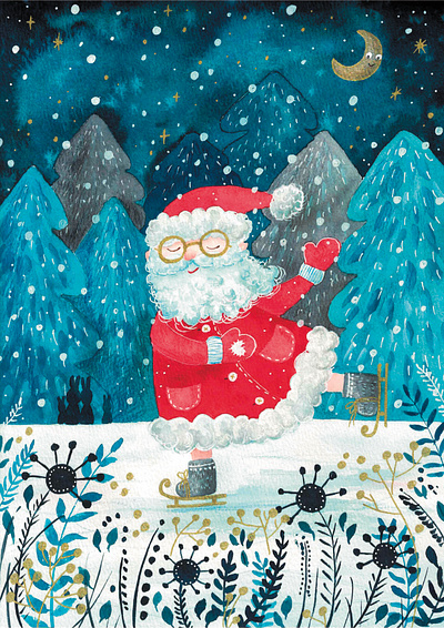 Santa's joy. Christmas cards Collection. children illustration christmas christmas cards christmas scene ice skating playful santa santa santa clause santa on ice watercolor christmas watercolor illustration watercolor santa winter forest winter illustration