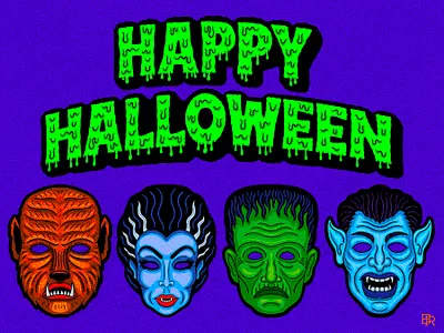 Happy_Halloween_01_BRD_10-31-24 halloween halloween masks illustration procreate procreate brushes retro masks vintage monsters
