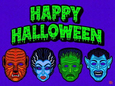 Happy_Halloween_01_BRD_10-31-24 halloween halloween masks illustration procreate procreate brushes retro masks vintage monsters