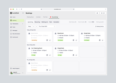 My Bookings - Workspace Platform admin b2b b2c booking component coworking dashboard design list saas ui ux web webapp