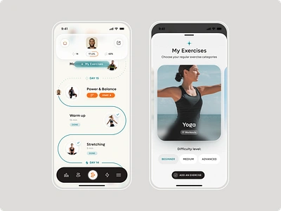 Fitness and Wellness startup - App design achievements path category slider clean ui ecercise app fitness app habit app ios app minimal ui mobile app mobile lsider mobile menu mobile profile card progress line progress path sport app wellbeing wellness workout app