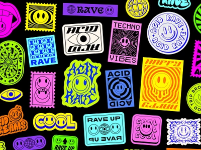 ACID RAVE STICKERS COLLAGE. Y2K TRIPPY PATCHES. 90s abstract acid art collage cool disco drug house illustration lsd minimal pop psychedelic rave smile sticker techno trippy y2k