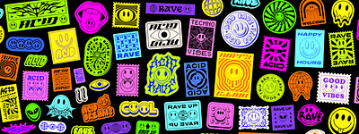 ACID RAVE STICKERS COLLAGE. Y2K TRIPPY PATCHES. 90s abstract acid art collage cool disco drug house illustration lsd minimal pop psychedelic rave smile sticker techno trippy y2k